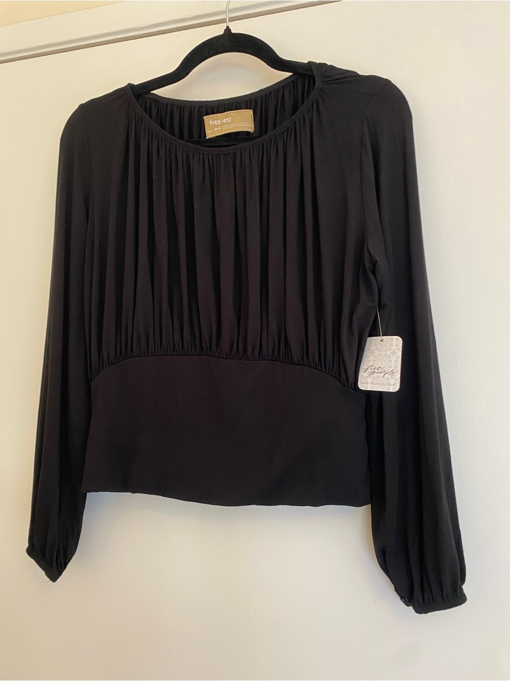 Free People Black Pleated Yoke Long Sleeve Top